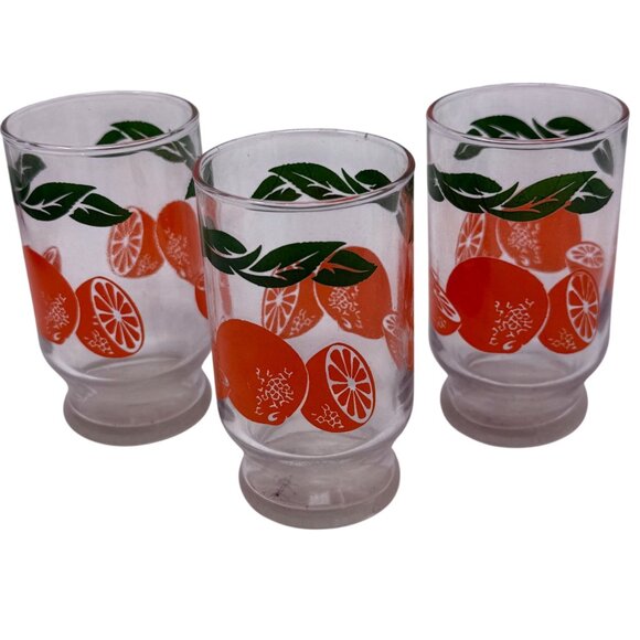 Vintage Orange Citrus Juice Glasses Green Leaf Design Set Of 3 Footed Tumblers - Picture 2 of 5